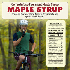 Untapped coffee-maple syrup packet label close-up highlighting caffeine and nutrients.