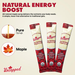 Untapped maple syrup packet being poured over pancakes for a healthy breakfast.