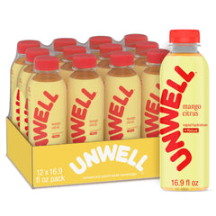 Unwell Hydration mango citrus bottle pour showing refreshing electrolyte replenishment
