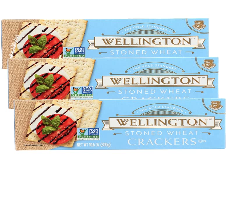 UpArrow Wellington Stoned Wheat Crackers front package highlighting non-GMO ingredients and snack-friendly convenience.