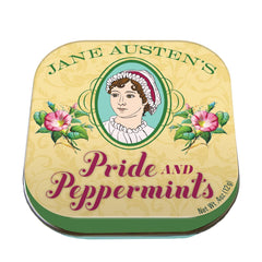 UPG Jane Austen Pride and Peppermints tin front shows a vintage, pocket-sized breath freshener.