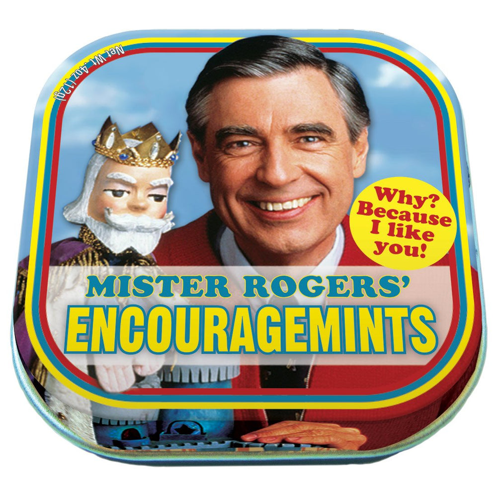 The Unemployed Philosophers Guild Mister Rogers' EncourageMints tin, front view, compact breath refresher for on-the-go