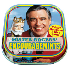 The Unemployed Philosophers Guild Mister Rogers' EncourageMints tin, front view, compact breath refresher for on-the-go