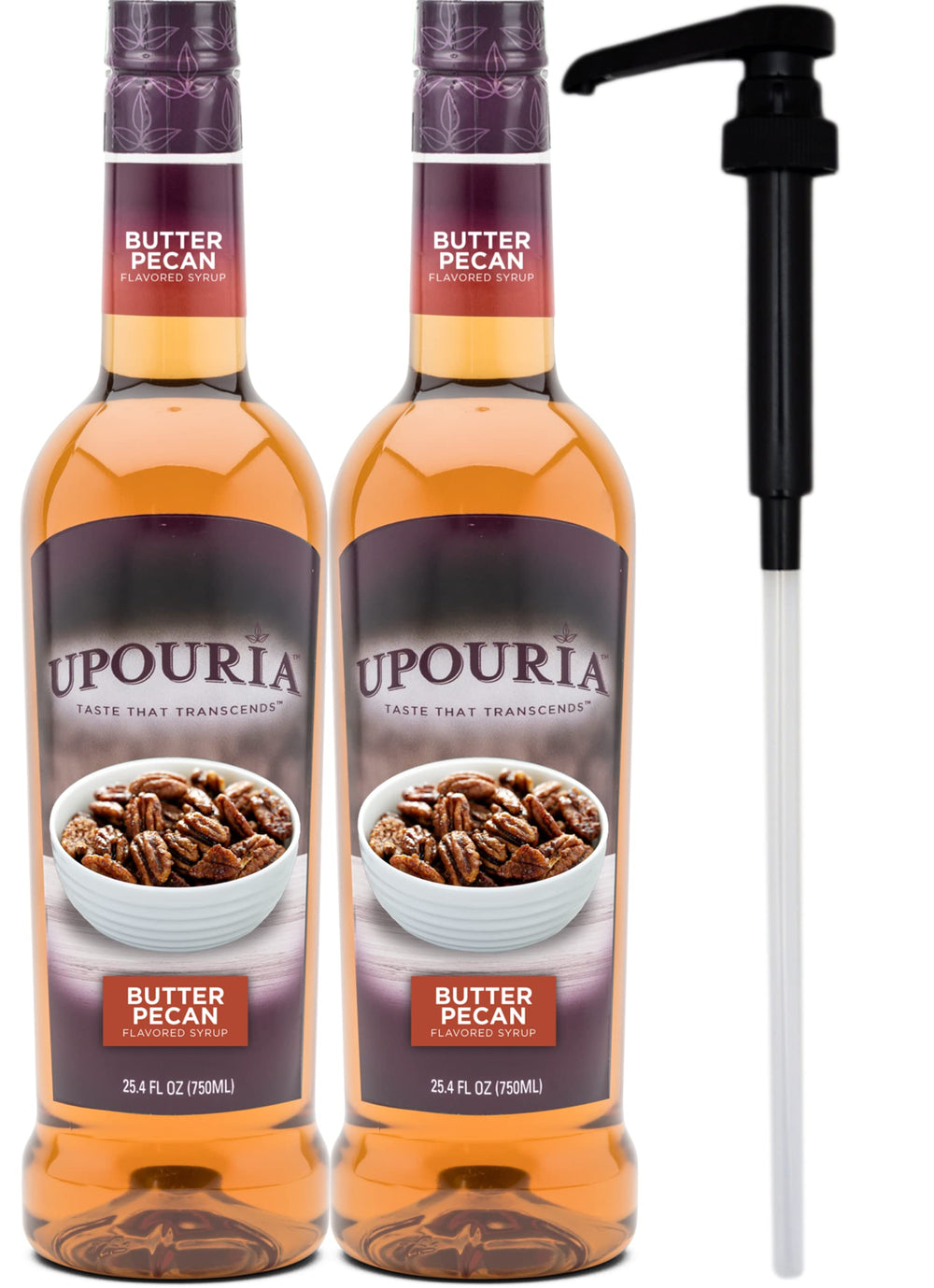Upouria Butter Pecan Coffee Syrup bottle enhances flavor for anytime coffee