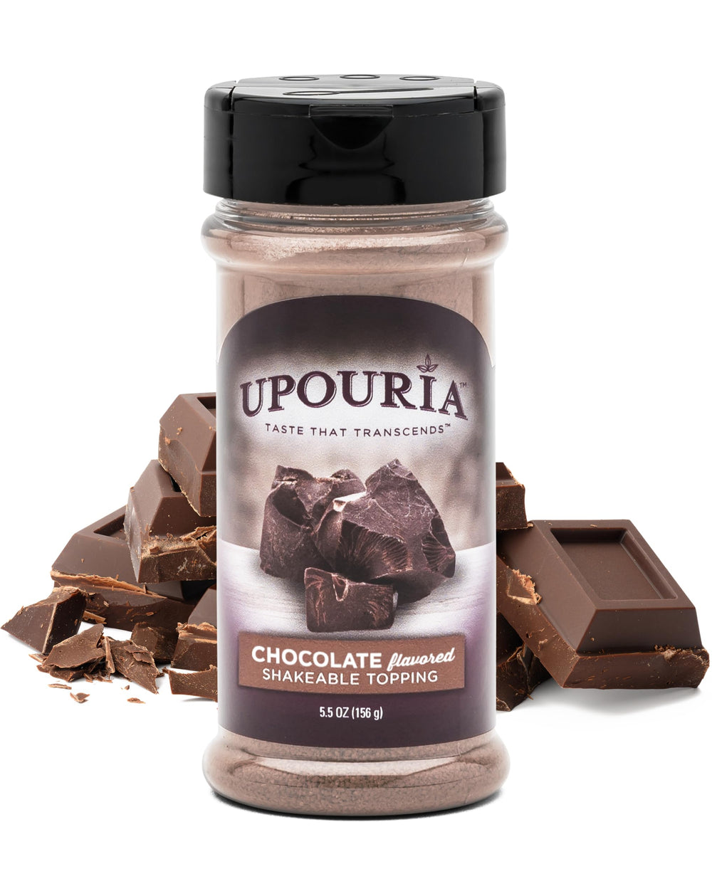 Upouria chocolate-flavored shakable topping bottle for café-quality drinks at home.