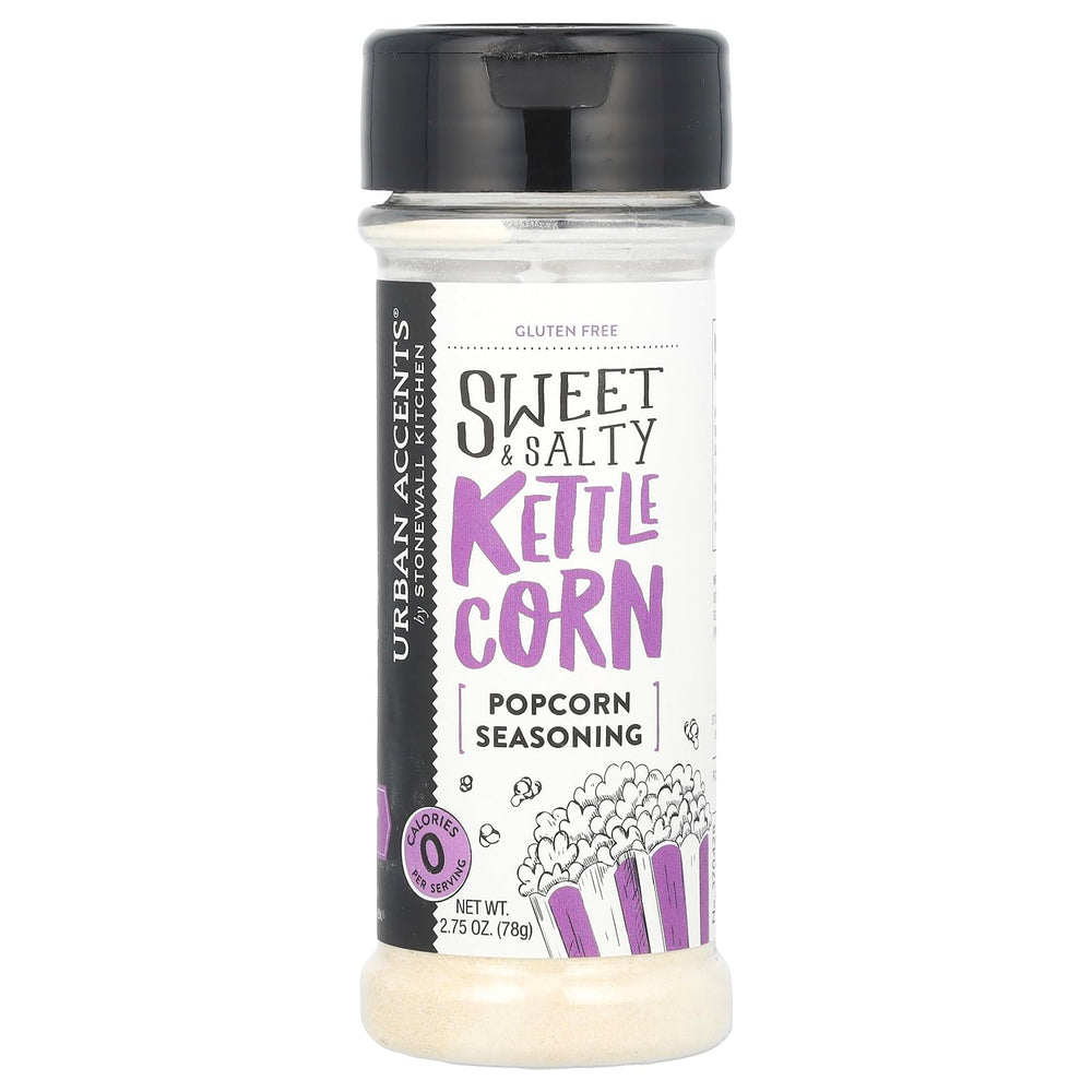 Urban Accents Sweet & Salty Kettle Corn package on display, 0 calories per serving.