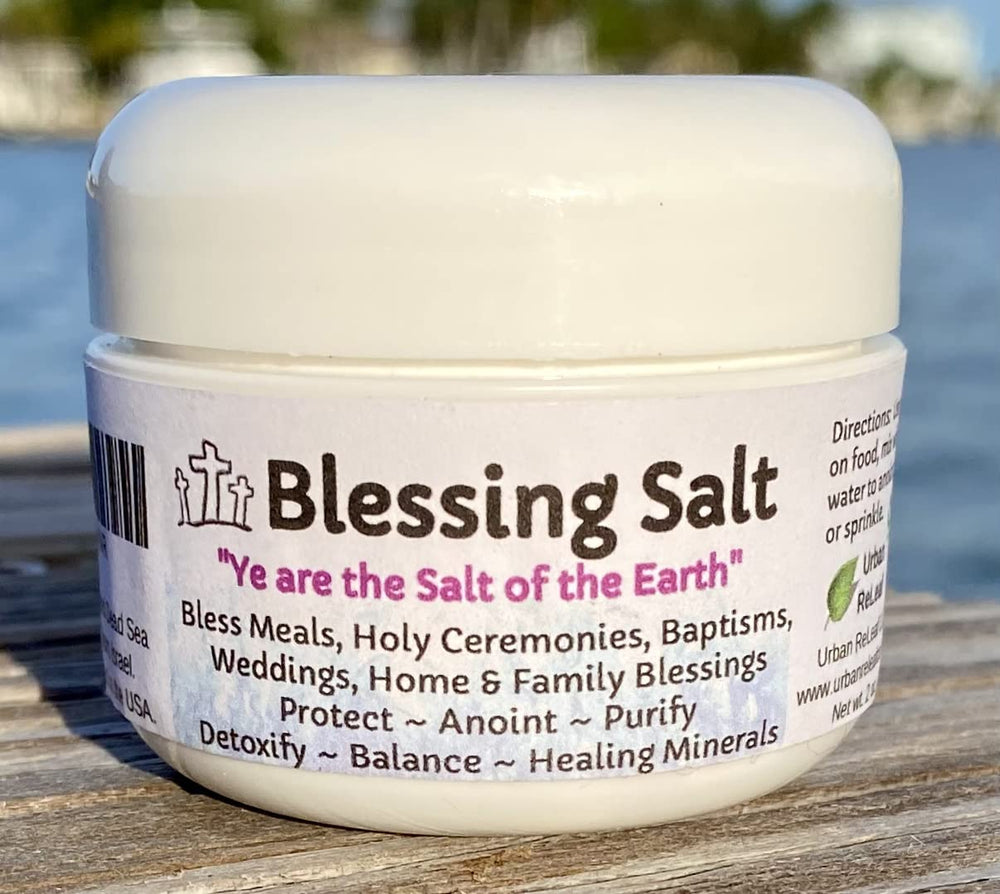 Urban ReLeaf Blessing Salt jar front showing Dead Sea salt for sacred ceremonies.