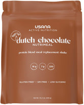 USANA Meal Replacement Shake Dutch Chocolate packaging highlights convenient nutrition for busy mornings.