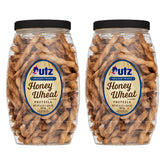 Utz Honey Wheat Braided Twist Pretzels in barrel packaging for lasting freshness.