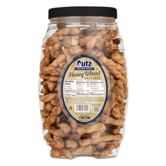 Open resealable Utz barrel keeps pretzels fresh for on-the-go snacking.