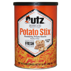 Utz Potato Stix BBQ canister front, gluten-free snack ready for on-the-go munching