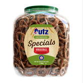 Utz Sourdough Specials barrel close-up, resealable container keeps pretzels fresh.