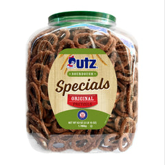 Utz Sourdough Specials barrel close-up, resealable container keeps pretzels fresh.