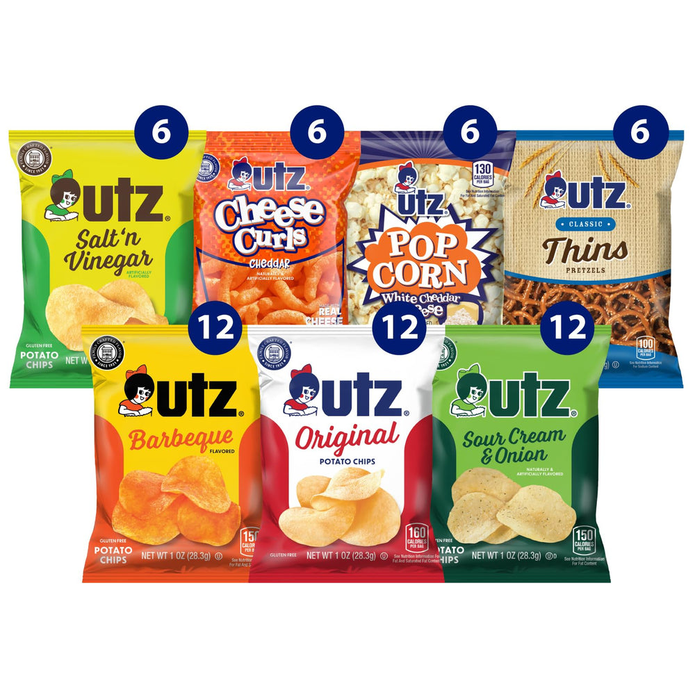 Utz Variety Pack shows six snack types, ideal for on-the-go snacking.