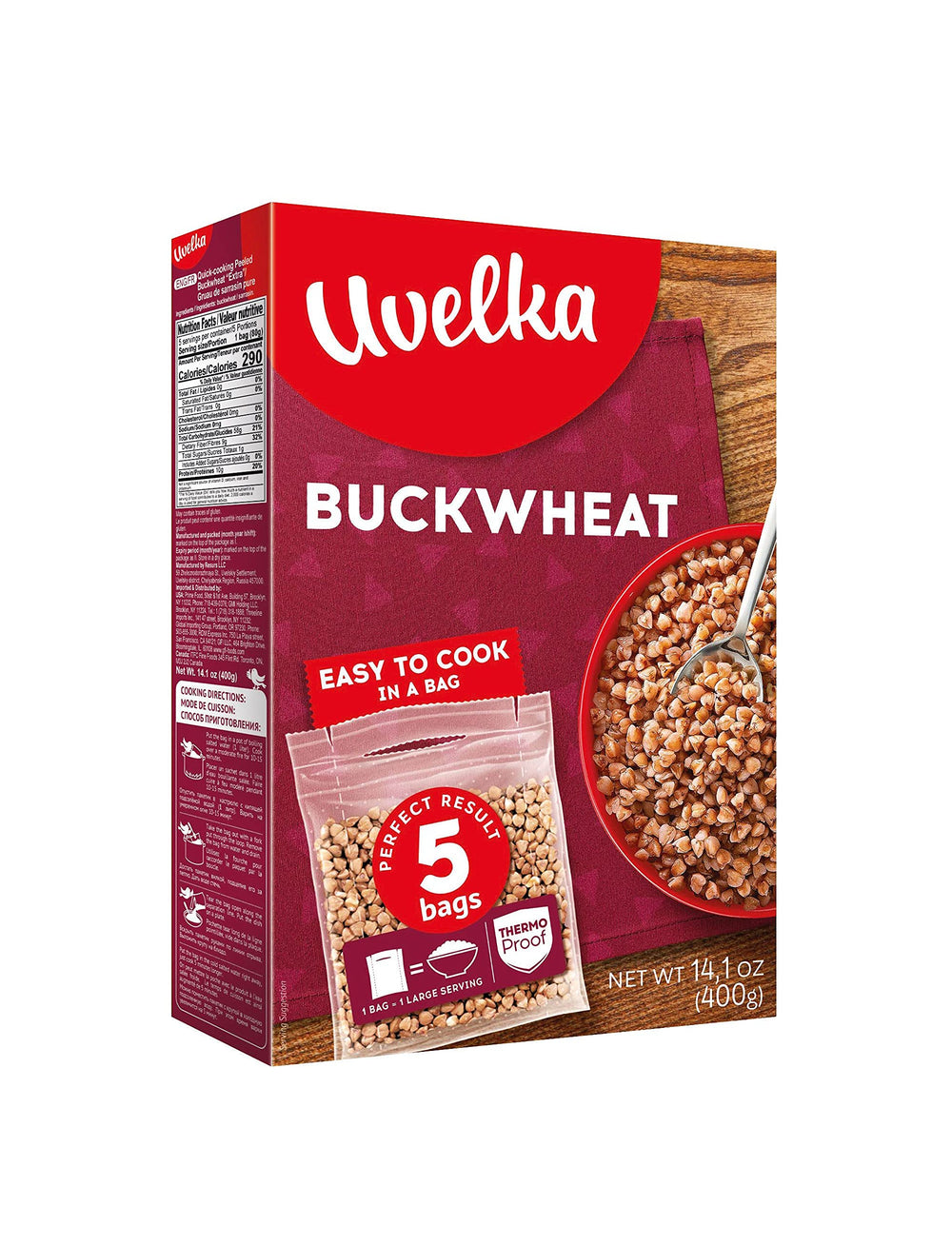 Uvelka buckwheat groats ready for boil bags, gluten-free nutrition in every serving.