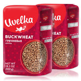 Uvelka buckwheat groats 800g pack front showing two-pack display for gluten-free meals