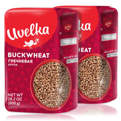 Uvelka buckwheat groats 800g pack front showing two-pack display for gluten-free meals