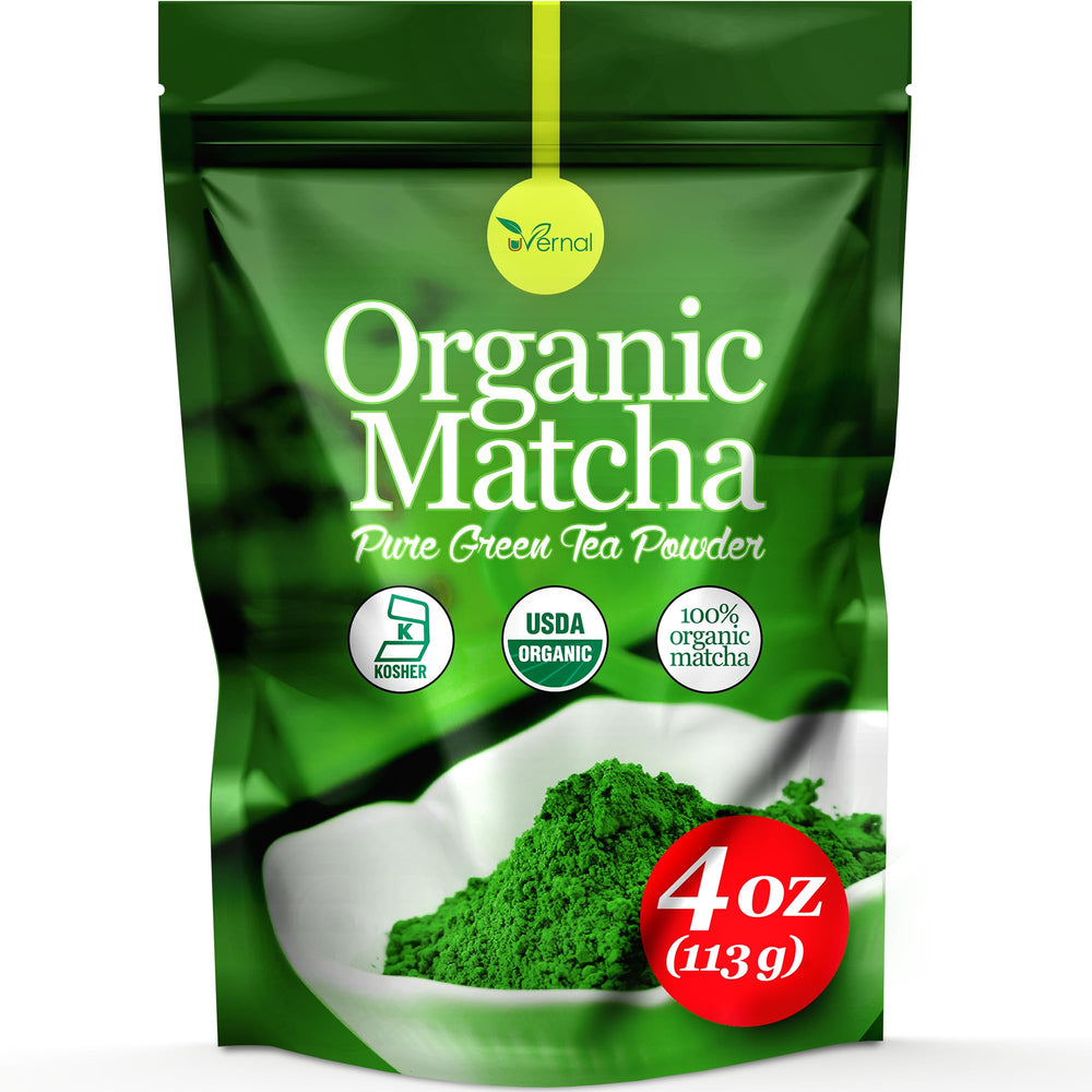 Uvernal organic matcha powder in jar for vibrant, long-lasting energy.