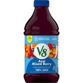 V8 Acai Mixed Berry juice bottle highlights a plant-based blend for busy mornings