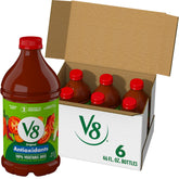 V8 Antioxidants Original bottle front view; six-pack packaging for easy veggie intake