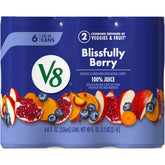 V8 Blissfully Berry can front view, refreshing 8 oz juice for a quick veggie-fruit serving.