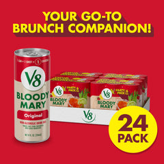 V8 Bloody Mary Mix label detail highlights tomato-vegetable blend for balanced flavor.