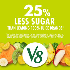 V8 Deliciously Green label close-up, highlighting gluten-free and non-GMO claims.