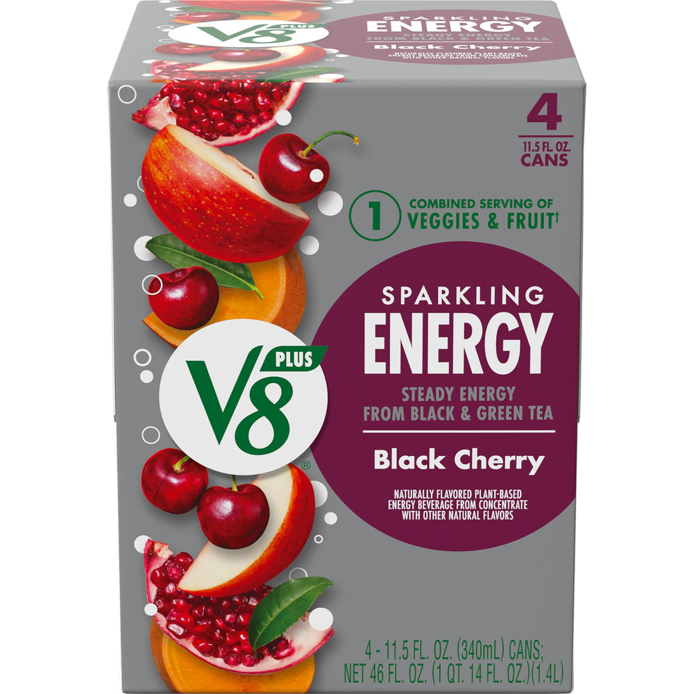 V8 +ENERGY Black Cherry can front highlights a plant-based caffeine boost for morning energy.