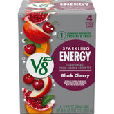 V8 +ENERGY Black Cherry can front highlights a plant-based caffeine boost for morning energy.
