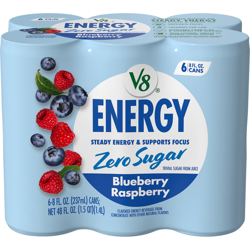 V8 Energy Blueberry Raspberry can front view highlighting zero sugar and refreshing flavor