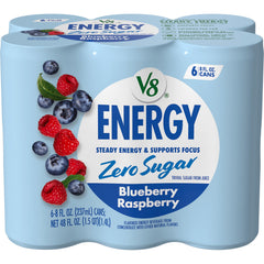V8 Energy Blueberry Raspberry can front view highlighting zero sugar and refreshing flavor
