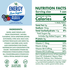 V8 Energy Blueberry Raspberry being poured shows fizz and steady energy.