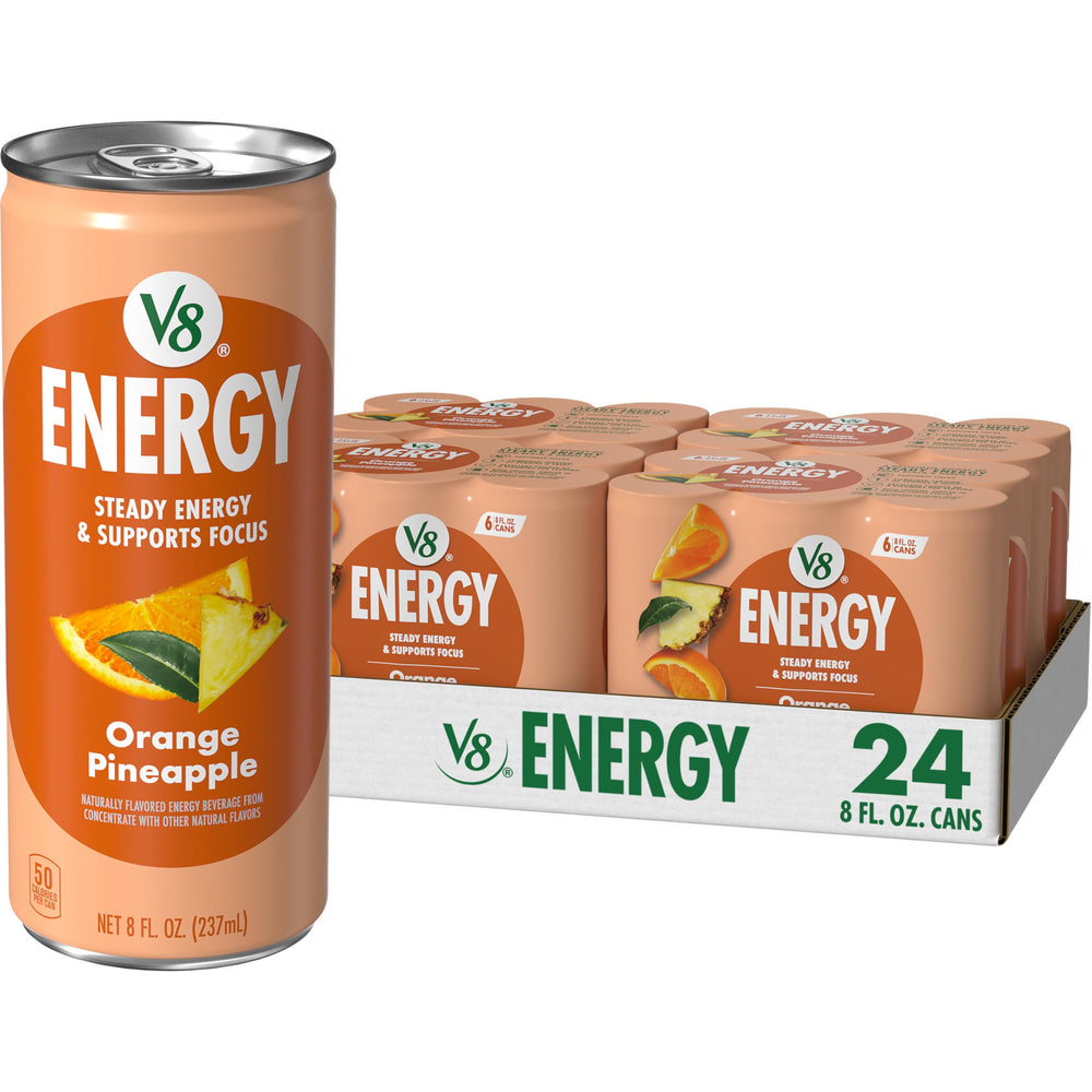 V8 Energy Orange Pineapple can front view, highlighting caffeine boost.