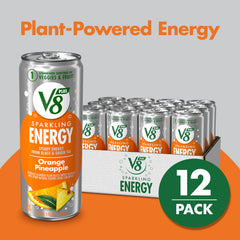 V8 +Energy carbonated serve with glass highlights the combination of veggie and fruit flavors.