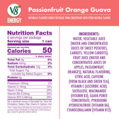 V8 +ENERGY can-front label highlights tropical flavors and caffeine boost