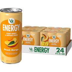 V8 Energy Peach Mango 24-pack on shelf for quick energy.