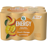 V8 Energy Peach Mango can front view highlighting bold flavor and steady energy