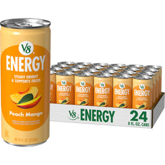 V8 Energy Peach Mango can front view for a busy morning energy boost.