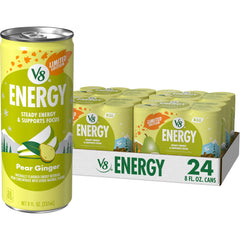 V8 Energy Pear Ginger energy can front shows flavor and caffeine boost for focus