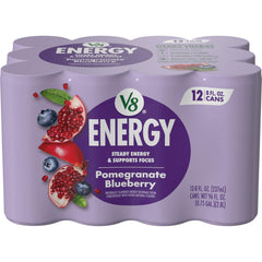 V8 Energy Pomegranate Blueberry can front offering a fruity energy boost.
