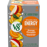 V8 Energy Sparkling Orange Pineapple can closeup showing natural energy boost