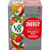 V8 +ENERGY Sparkling Strawberry Kiwi can on a bright desk, convenient plant-powered energy boost.