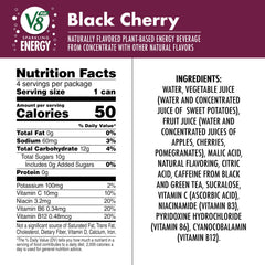 V8 +ENERGY tea ingredients graphic highlights natural caffeine from black and green tea.