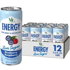 V8 Energy Blueberry Raspberry zero sugar can on a surface, refreshing lift.