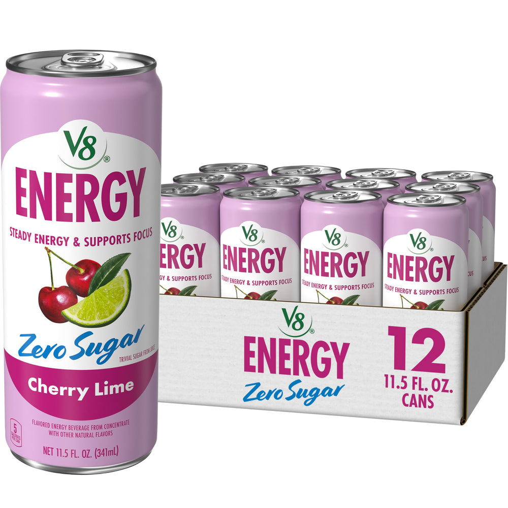 V8 Energy Cherry Lime zero-sugar can close-up for a quick energy boost.