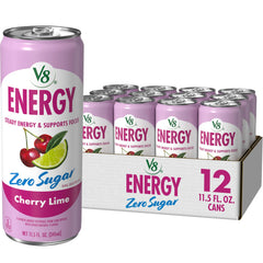 V8 Energy Cherry Lime zero-sugar can close-up for a quick energy boost.