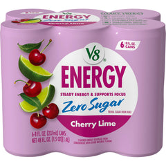 V8 Energy Zero Sugar Cherry Lime can front, crisp flavor and energized finish