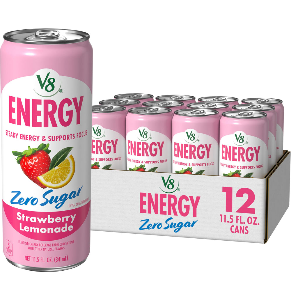 V8 Energy Zero Sugar Strawberry Lemonade cans lined up for a quick on-the-go energy boost