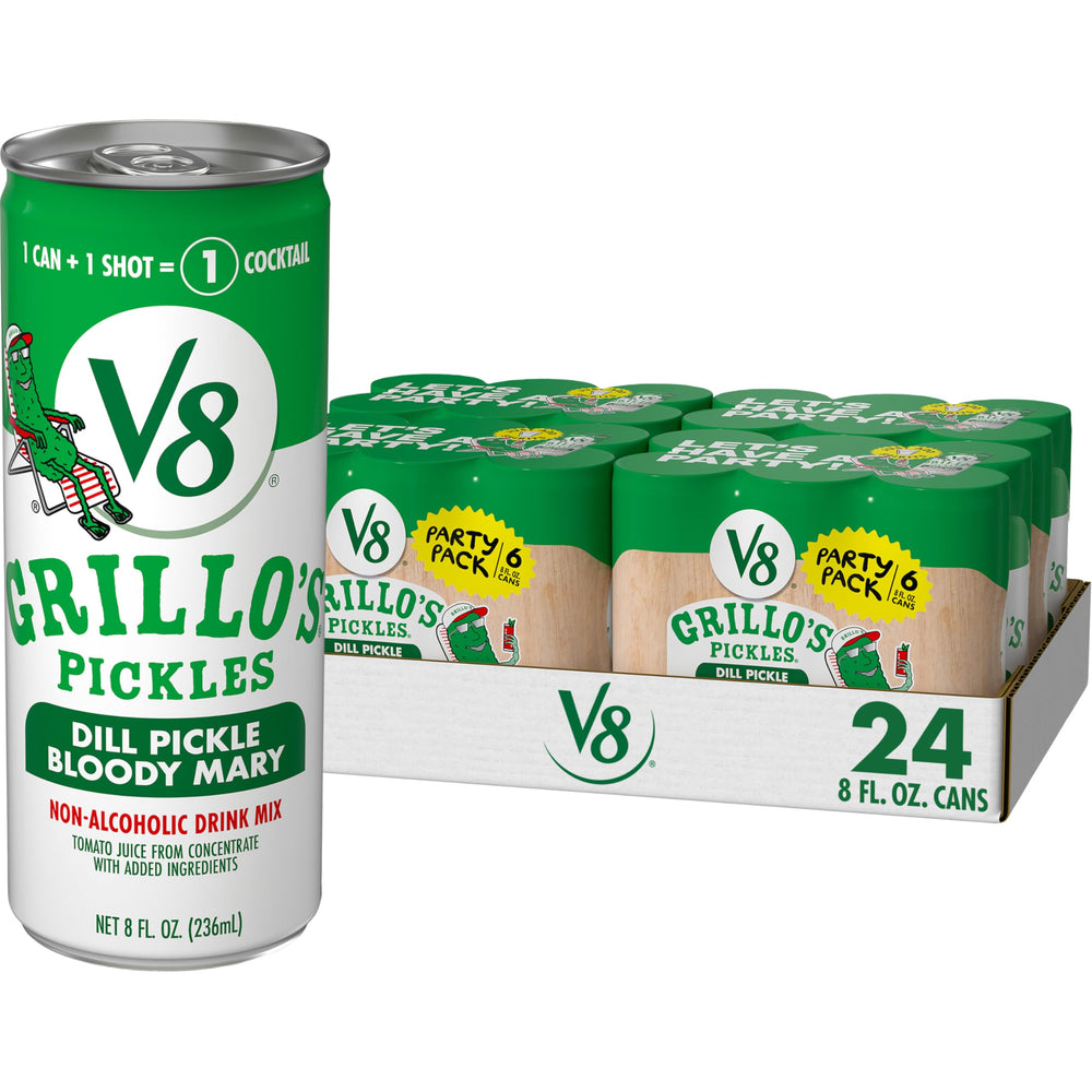 V8 Grillo's Pickles Bloody Mary mix can for quick cocktails.