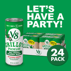 Pour-ready mixer being poured into a glass featuring V8 Grillo's Pickles.